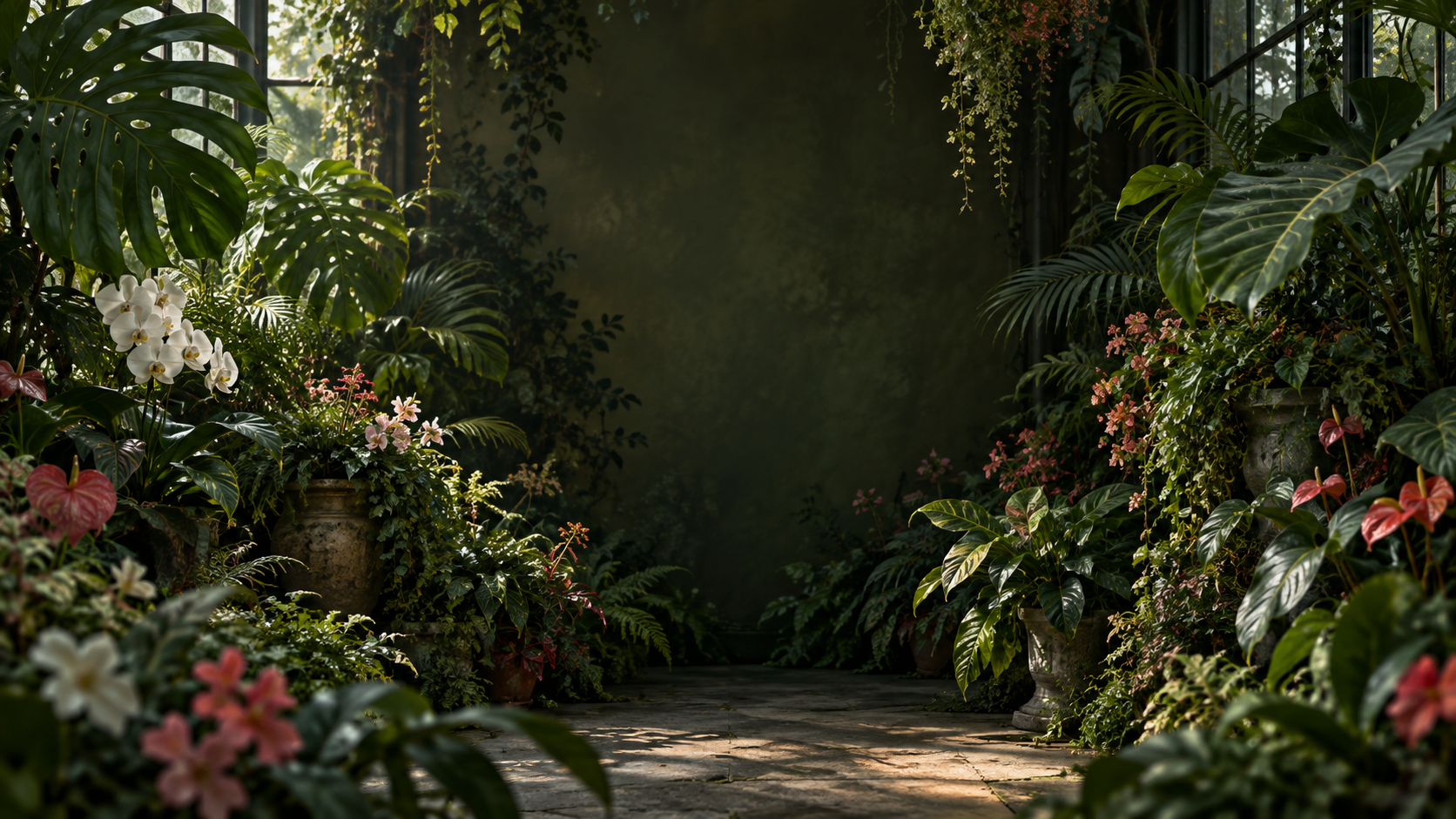 Decor botanic ilustrativ cu plante și flori, în lumină naturală difuză