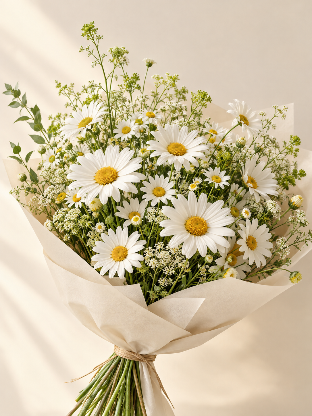 Buchet luminos de margarete albe în hârtie crem
