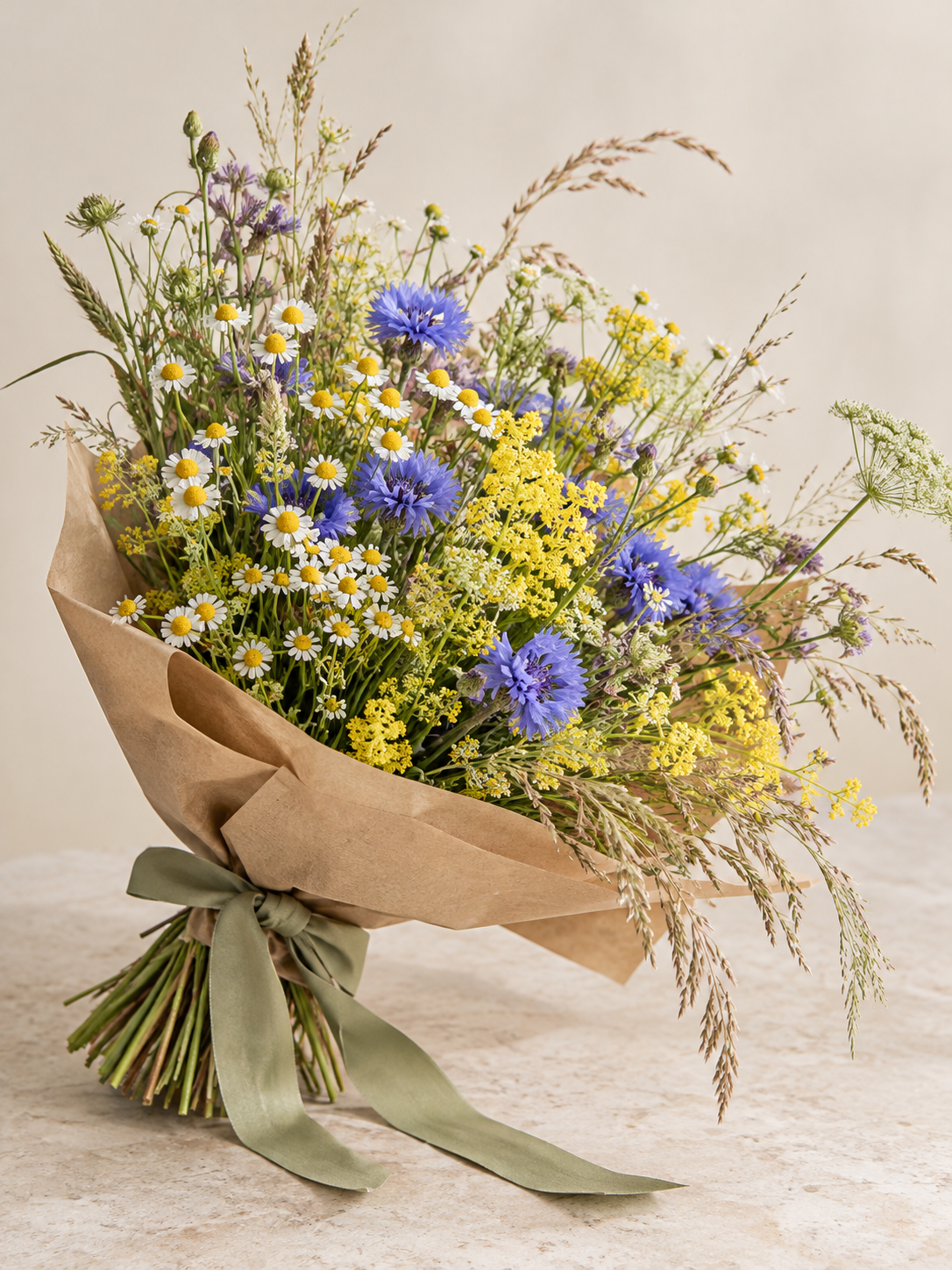 Buchet lejer de flori de câmp în hârtie natur
